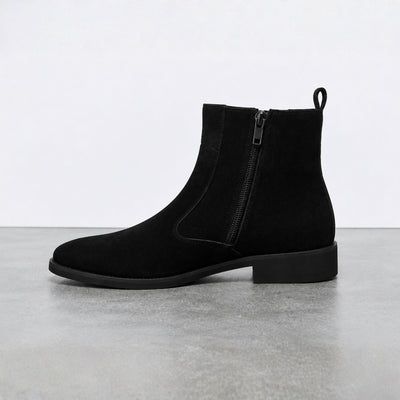 FORCIANO VALKYRIE black women's elevator boots in side profile, highlighting the premium suede upper, visible side zipper, pull tab and black heel.