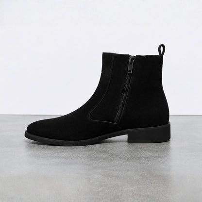 FORCIANO VALKYRIE black women's elevator boots in side profile, highlighting the premium suede upper, visible side zipper, pull tab and black heel.