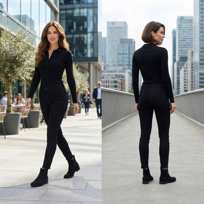 FORCIANO VALKYRIE black women's elevator boots worn in an urban lifestyle setting, shown from front and rear views with premium suede uppers.