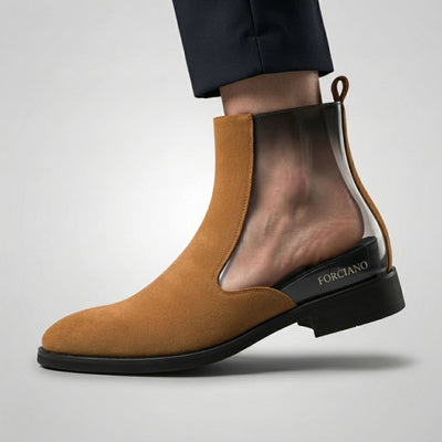 FORCIANO VALKYRIE brown women's elevator boots shown in a side cutaway view on foot, revealing the concealed internal lift beneath the premium suede upper.