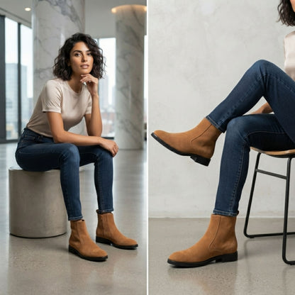 FORCIANO VALKYRIE brown women's elevator boots worn in an indoor lifestyle scene, showing the premium suede Chelsea boots design with dark jeans.