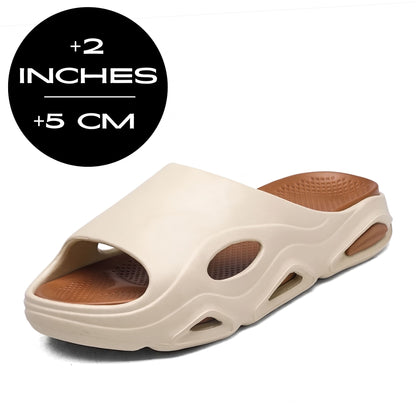 FORCIANO VECTOR height increasing shoes in a cream-and-brown EVA sandal design, shown from a front three-quarter angle with an up to 5 cm / 2" height graphic.