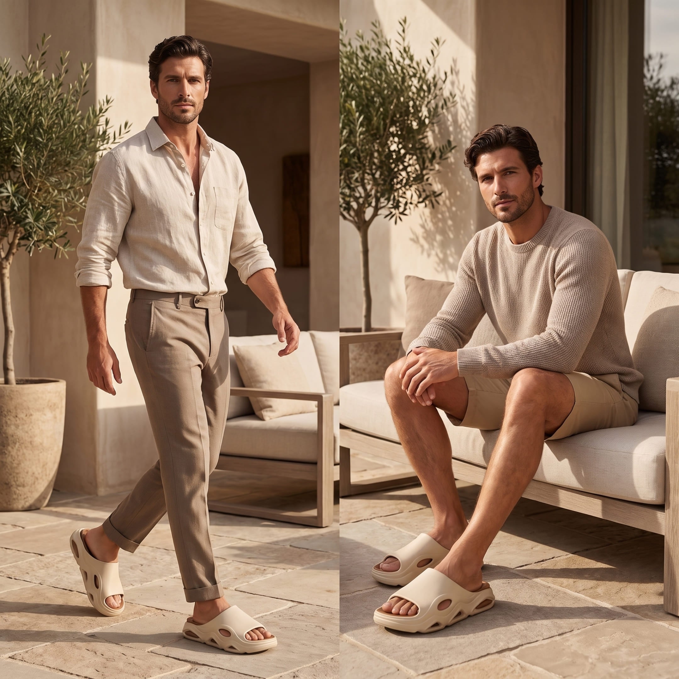 Cream-and-brown FORCIANO VECTOR EVA height increasing shoes worn by a man in an outdoor lifestyle collage while walking and seated.