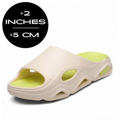 Cream-and-green FORCIANO VECTOR EVA sandals shown at a front three-quarter angle as height increasing shoes with an up to 5 cm / 2" height graphic.