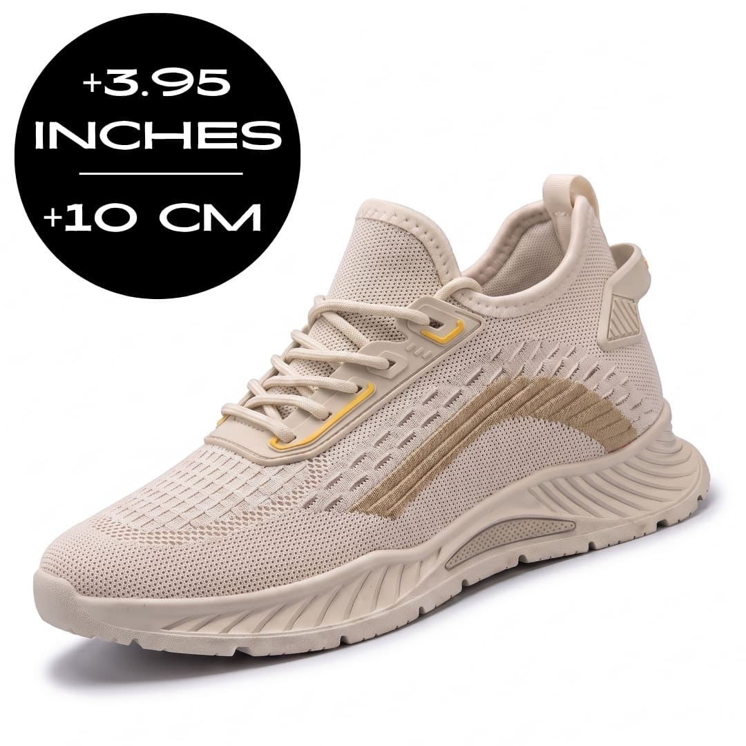 FORCIANO VISCONTI beige height increasing sneakers with air mesh upper shown from a front three-quarter angle with 10 cm / 3.95 inches height graphic.
