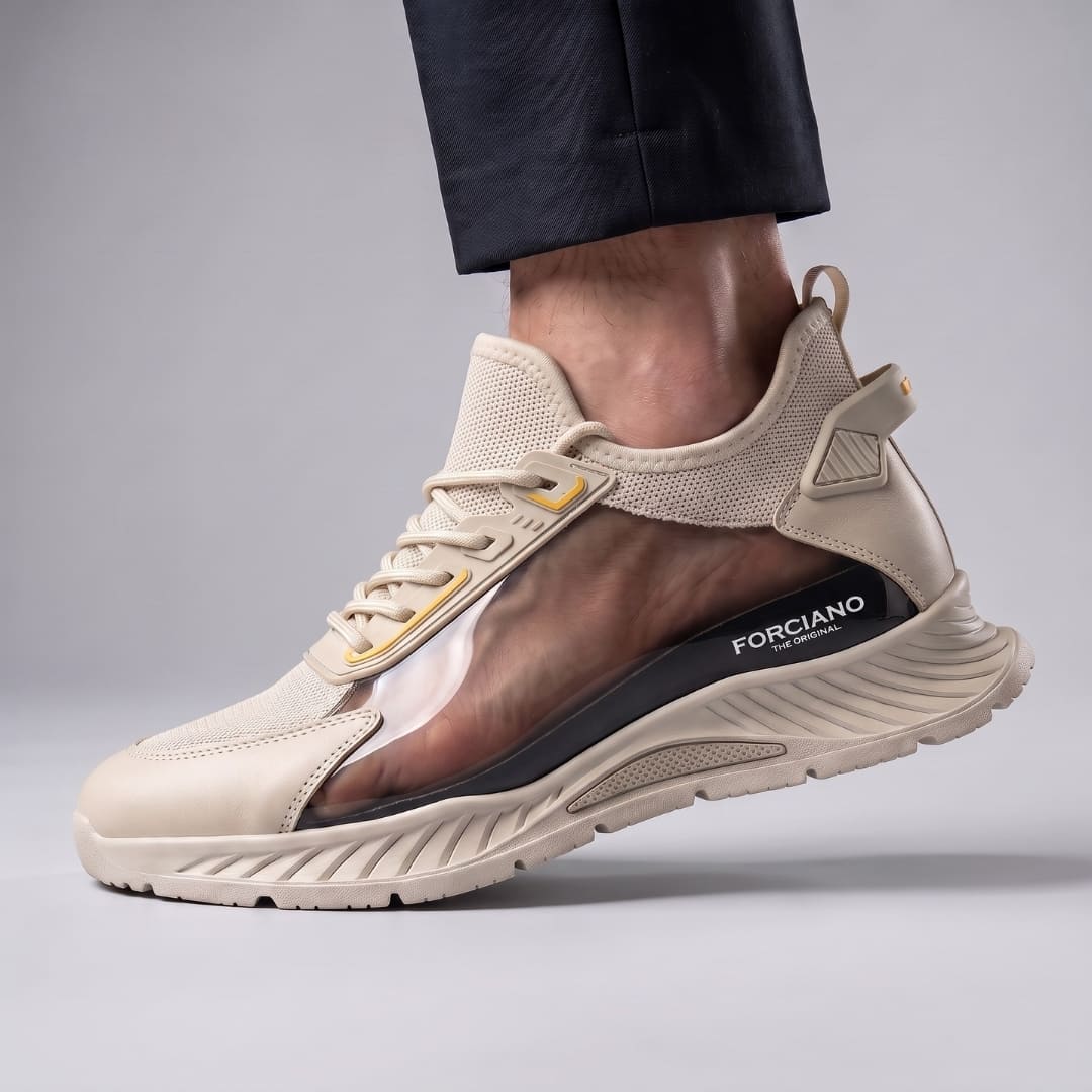 FORCIANO VISCONTI beige height increasing sneakers with air mesh upper shown in a cutaway side view on foot, revealing the internal lift and branded insole.