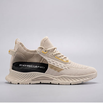 FORCIANO VISCONTI beige height increasing sneakers with air mesh upper shown in cutaway side view exposing the internal lift and branded insole.