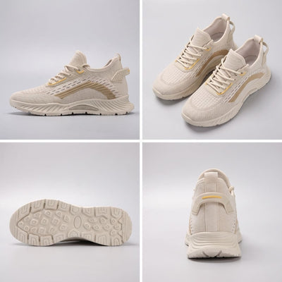 FORCIANO VISCONTI beige height increasing sneakers with air mesh upper shown in a multi-view collage featuring side profile, pair angle view, outsole view, and rear view.