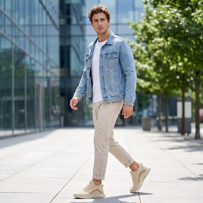 FORCIANO VISCONTI beige height increasing sneakers with air mesh uppers worn by a model walking outdoors in a casual lifestyle setting.