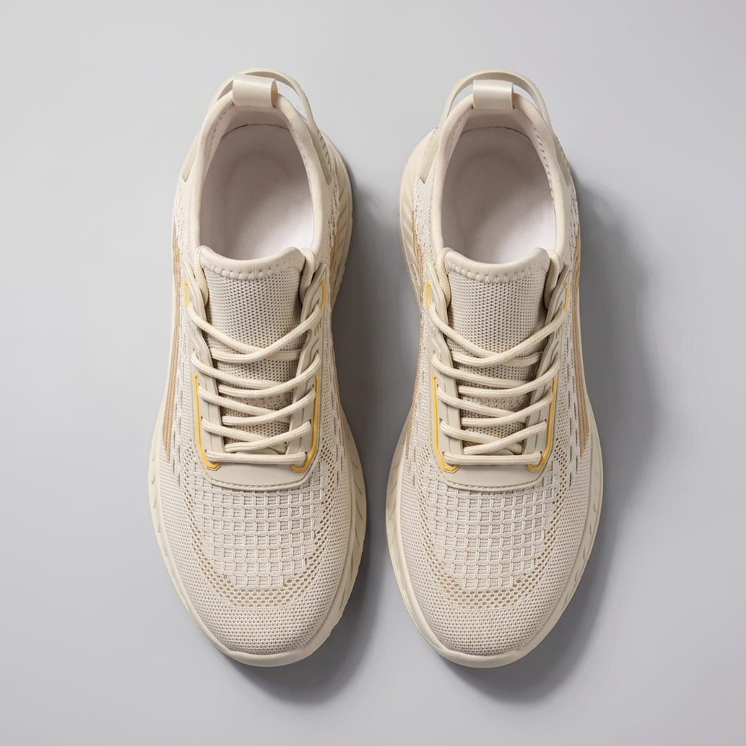 Top view of a pair of FORCIANO VISCONTI beige height increasing sneakers showing the air mesh uppers, laces, tongues and shoe openings.