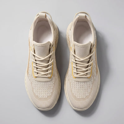 Top view of a pair of FORCIANO VISCONTI beige height increasing sneakers showing the air mesh uppers, laces, tongues and shoe openings.