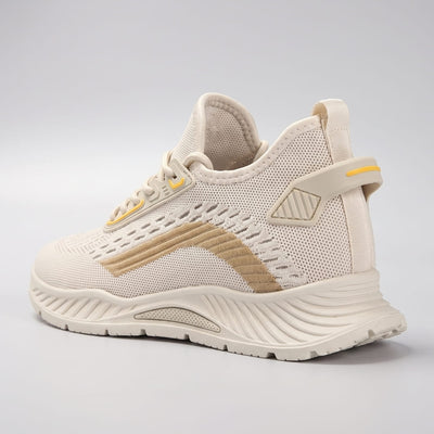 FORCIANO VISCONTI beige height increasing sneakers shown from the rear three-quarter angle with air mesh upper and visible heel structure.