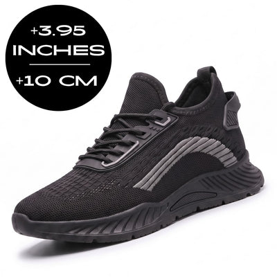 FORCIANO VISCONTI black height increasing sneakers with air mesh upper in a front three-quarter view with 10 cm / 3.95 inches height graphic.