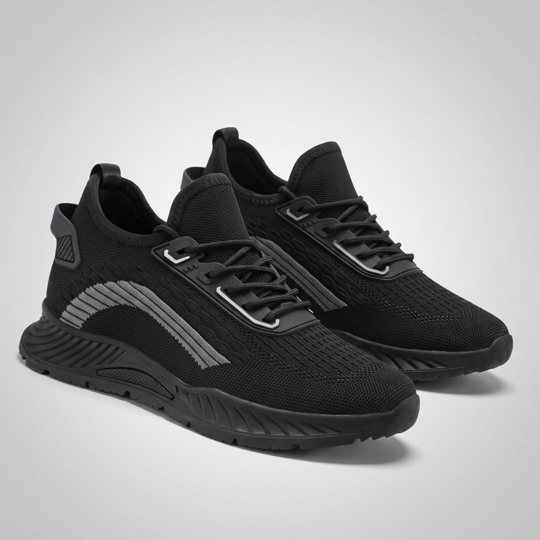 Pair of FORCIANO VISCONTI black height increasing sneakers with air mesh uppers shown together from a front three-quarter angle.