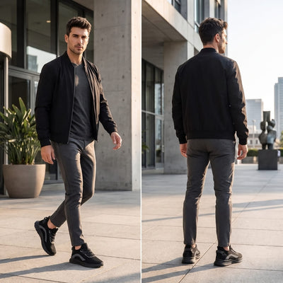 FORCIANO VISCONTI black height increasing sneakers worn by a model in front and rear outdoor lifestyle views with the air mesh uppers visible.