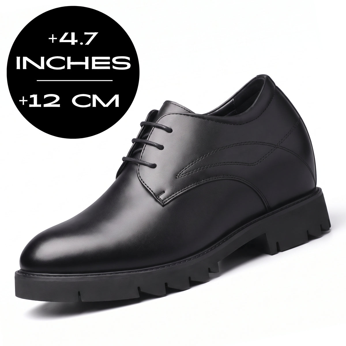 FORCIANO WINDSOR black Height-Increasing Shoes shown from a front three-quarter angle with perforated leather detailing and a 12 cm / 4.7" height graphic.