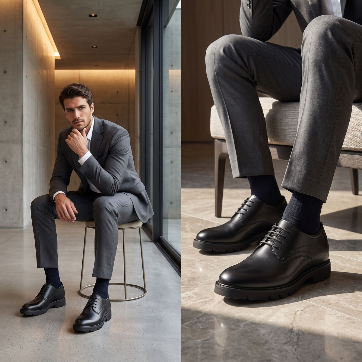 FORCIANO WINDSOR black Height-Increasing Shoes with leather uppers worn with a grey suit in a two-view seated formal lifestyle setting.