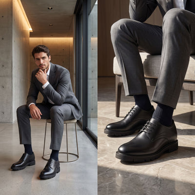 FORCIANO WINDSOR black Height-Increasing Shoes with leather uppers worn with a grey suit in a two-view seated formal lifestyle setting.