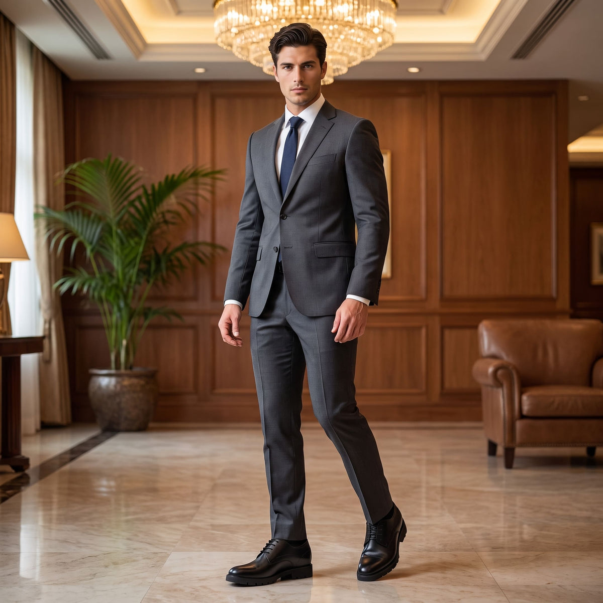 FORCIANO WINDSOR black Height-Increasing Shoes with leather uppers worn with a grey suit in a polished indoor formal lifestyle setting.