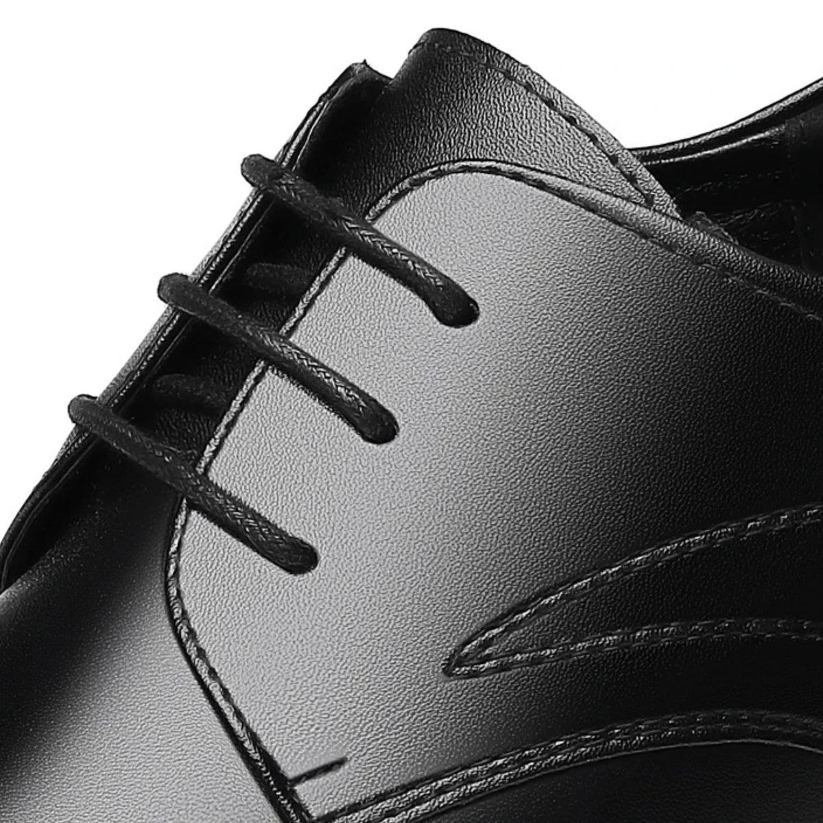 FORCIANO WINDSOR black Height-Increasing Shoes shown in a close-up of the leather upper, lace area, stitching and smooth polished finish.