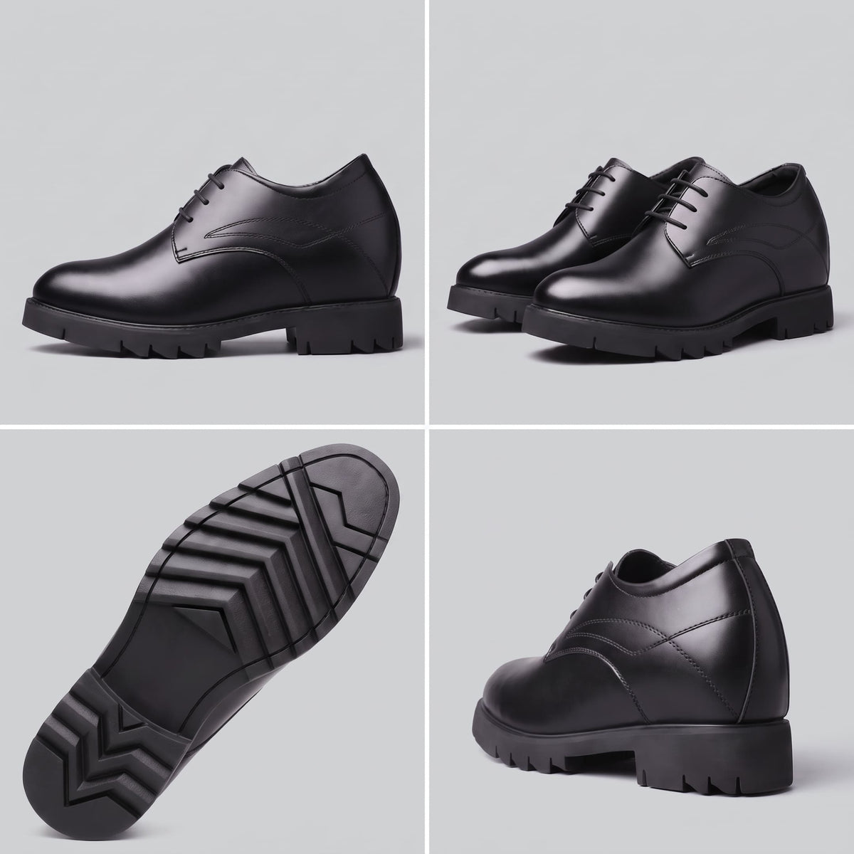 FORCIANO WINDSOR black Height-Increasing Shoes in a multi-view collage showing side profile, pair, outsole and rear-angle views of the leather design.