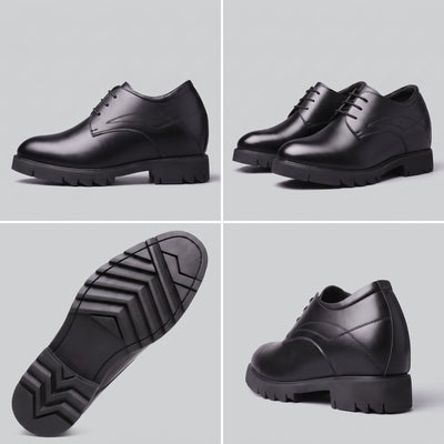 FORCIANO WINDSOR black Height-Increasing Shoes in a multi-view collage showing side profile, pair, outsole and rear-angle views of the leather design.