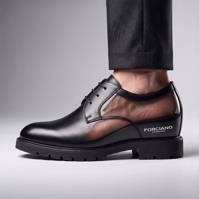 FORCIANO WINDSOR black Height-Increasing Shoes shown on foot in a side cutaway view revealing the internal lift beneath the leather upper.