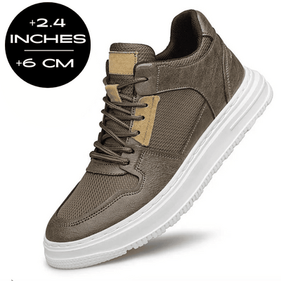 FORCIANO ZENITH brown sneaker with breathable air mesh upper and tan accents shown with a 6 cm / 2.4" height increase graphic.