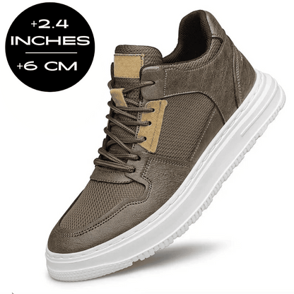 FORCIANO ZENITH brown sneaker with breathable air mesh upper and tan accents shown with a 6 cm / 2.4" height increase graphic.
