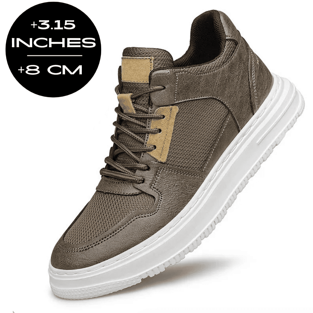 FORCIANO ZENITH brown sneakers that make you taller shown with breathable air mesh upper and an 8 cm / 3.15" height increase graphic.