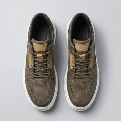 Top view of FORCIANO ZENITH brown sneakers showing the breathable air mesh uppers, brown laces, tan accents and padded openings.