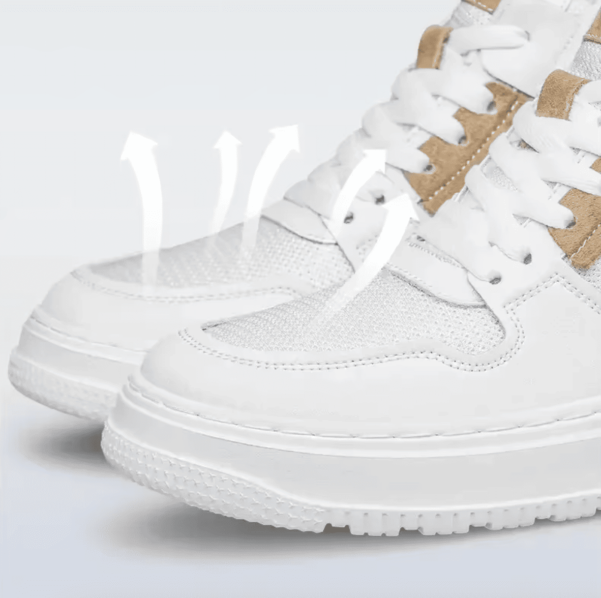 Close-up of FORCIANO ZENITH white sneaker showing the breathable air mesh upper, white laces and directional airflow arrows.