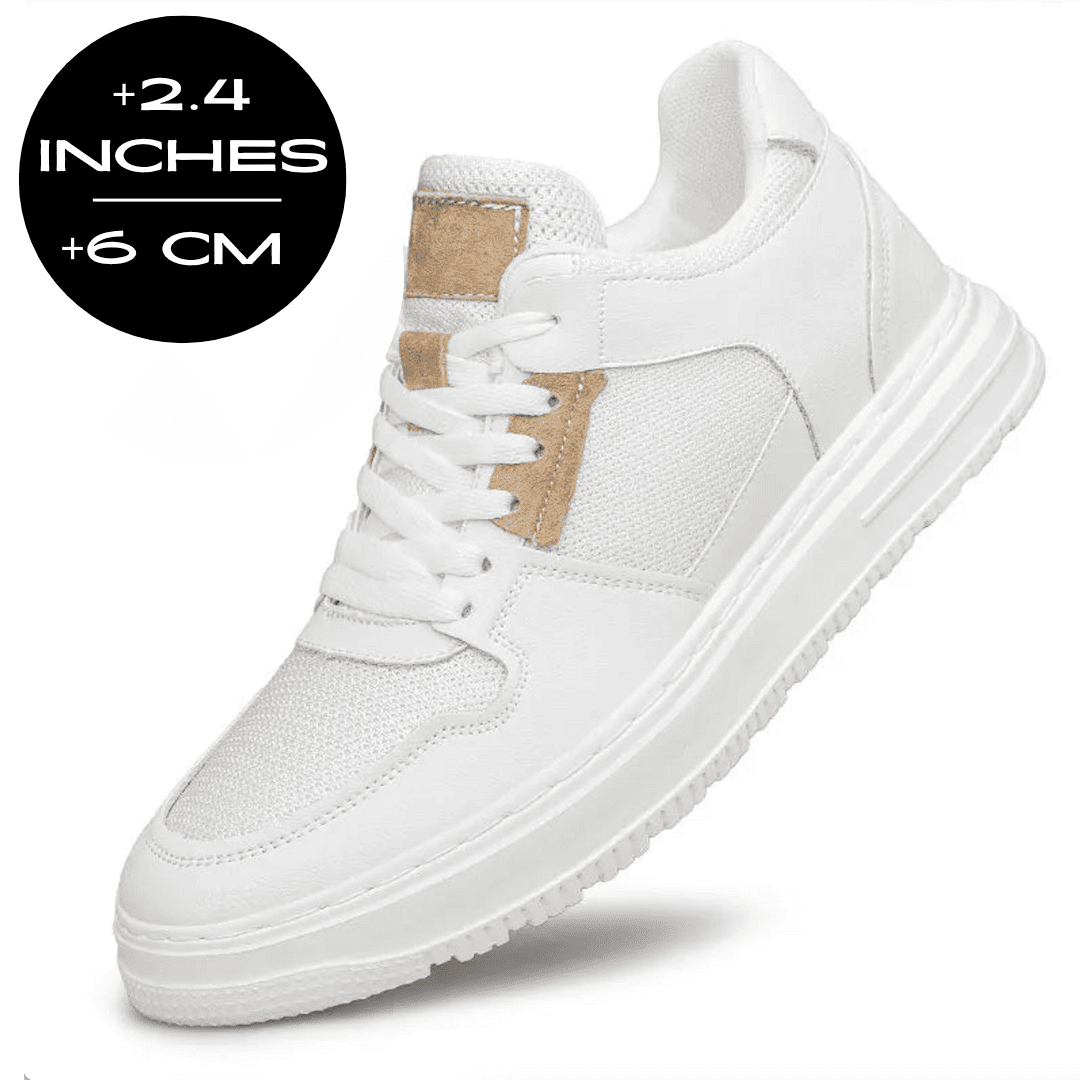 FORCIANO ZENITH white sneaker with breathable air mesh upper shown beside a 6 cm / 2.4" height increase graphic.