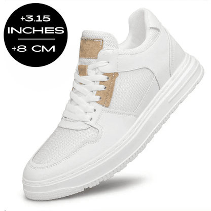 FORCIANO ZENITH white sneaker shown with an 8 cm / 3.15" height increase graphic, breathable air mesh upper and tan accents.
