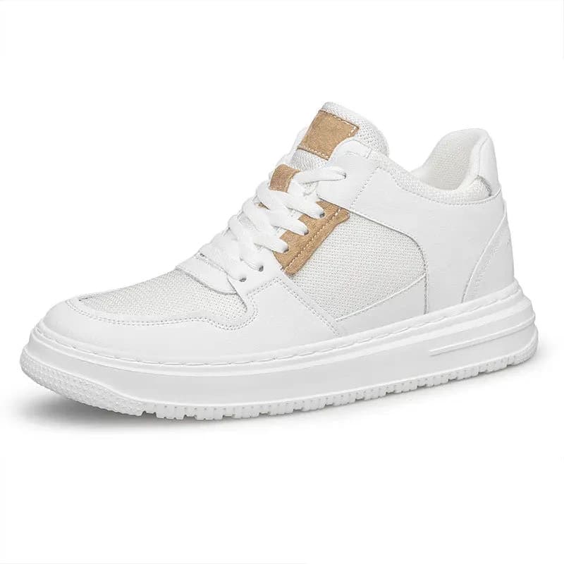 FORCIANO ZENITH white sneaker with breathable air mesh upper and tan accents shown from a clean front three-quarter angle.
