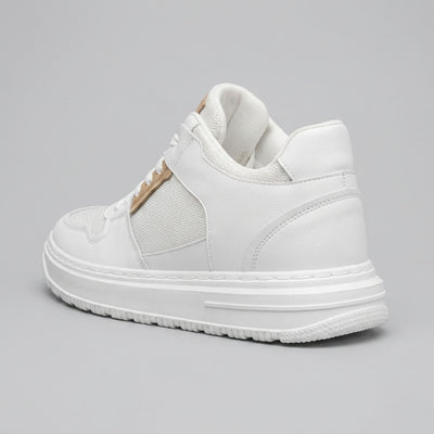 FORCIANO ZENITH white sneaker with breathable air mesh upper and tan accent shown from a rear three-quarter angle.
