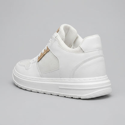 FORCIANO ZENITH white sneaker with breathable air mesh upper and tan accent shown from a rear three-quarter angle.