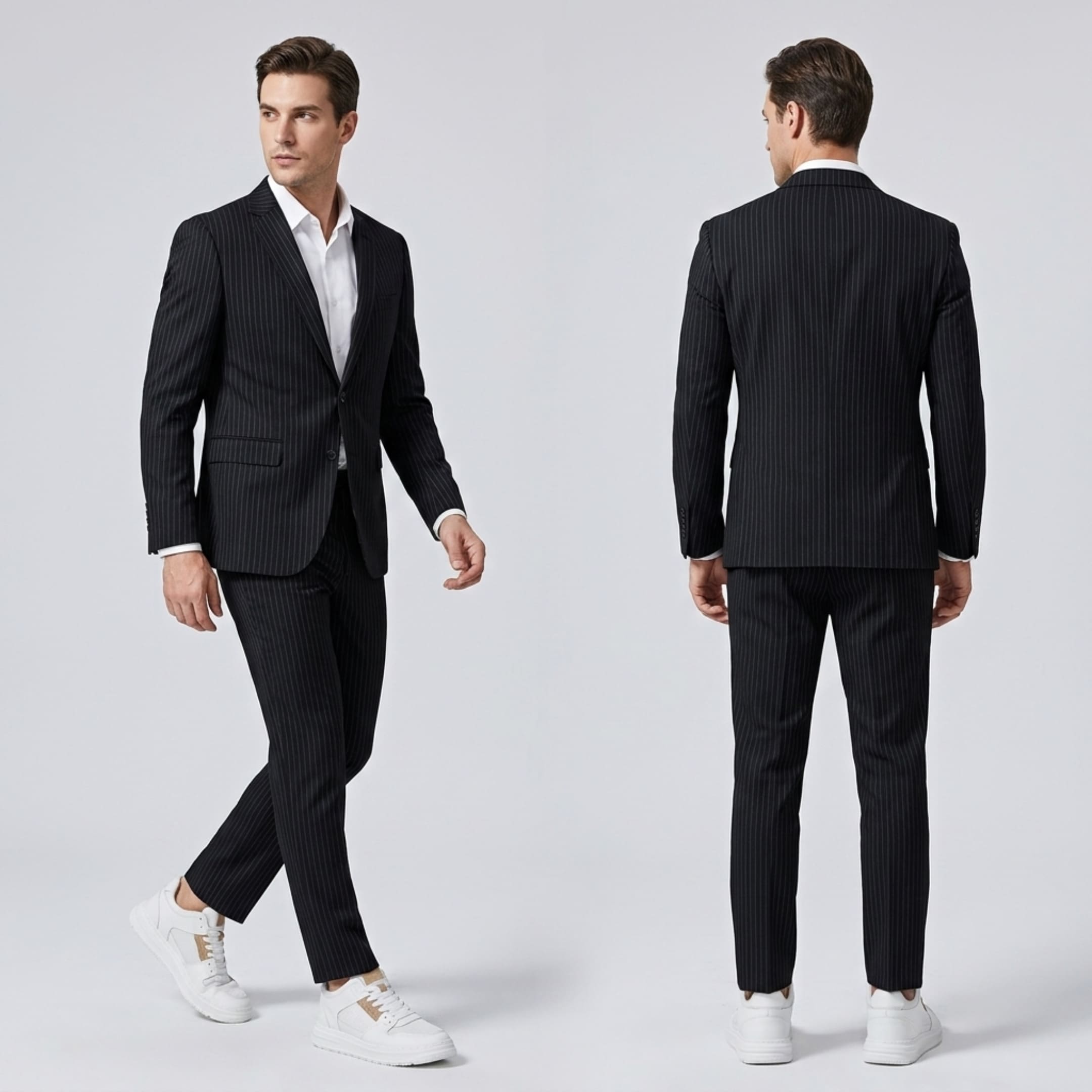 FORCIANO ZENITH white men's height increasing sneakers worn with a black pinstripe suit in front and rear formal lifestyle views.