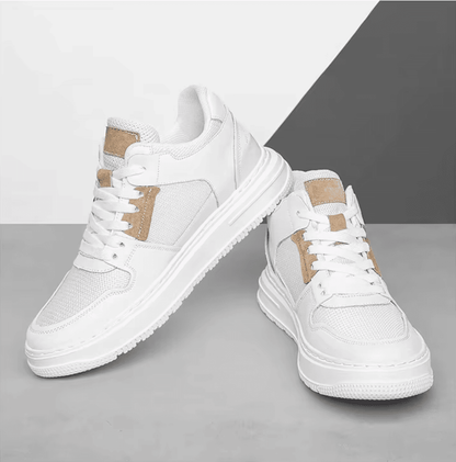 FORCIANO ZENITH white sneakers with breathable air mesh uppers and tan accents arranged as a pair in contrasting front-angle positions.