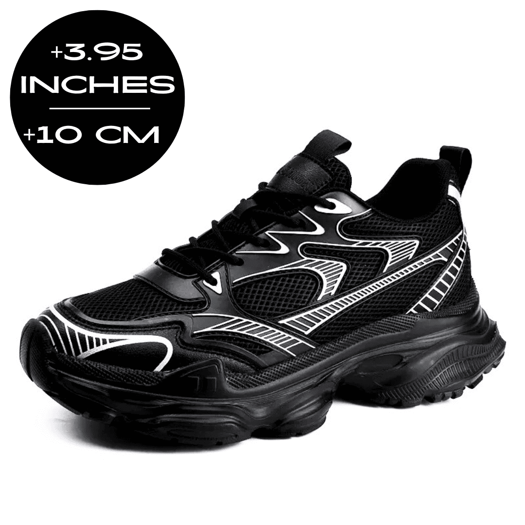 FORCIANO ZEPHYRA Height Increasing Sneakers for Women in Black breathable mesh, shown at a front angle with a 10 cm / 3.95 inches height graphic.