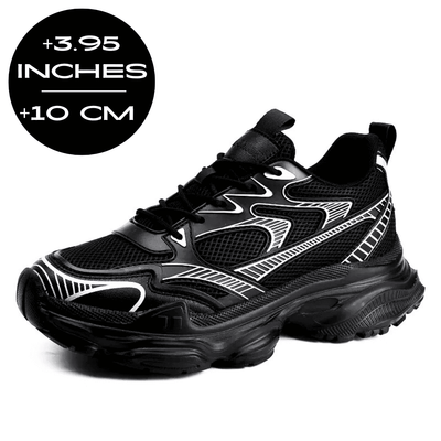 FORCIANO ZEPHYRA Height Increasing Sneakers for Women in Black breathable mesh, shown at a front angle with a 10 cm / 3.95 inches height graphic.