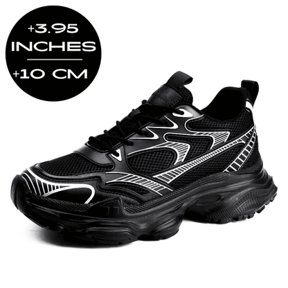 FORCIANO ZEPHYRA Height Increasing Sneakers for Women in Black breathable mesh, shown at a front angle with a 10 cm / 3.95 inches height graphic.
