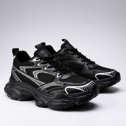 FORCIANO ZEPHYRA Black Height Increasing Sneakers for Women shown as a pair from a front three-quarter angle with breathable mesh uppers.