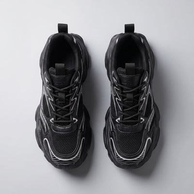 FORCIANO ZEPHYRA Black Height Increasing Sneakers for Women shown as a pair from above with laces, breathable mesh panels and white accents visible.