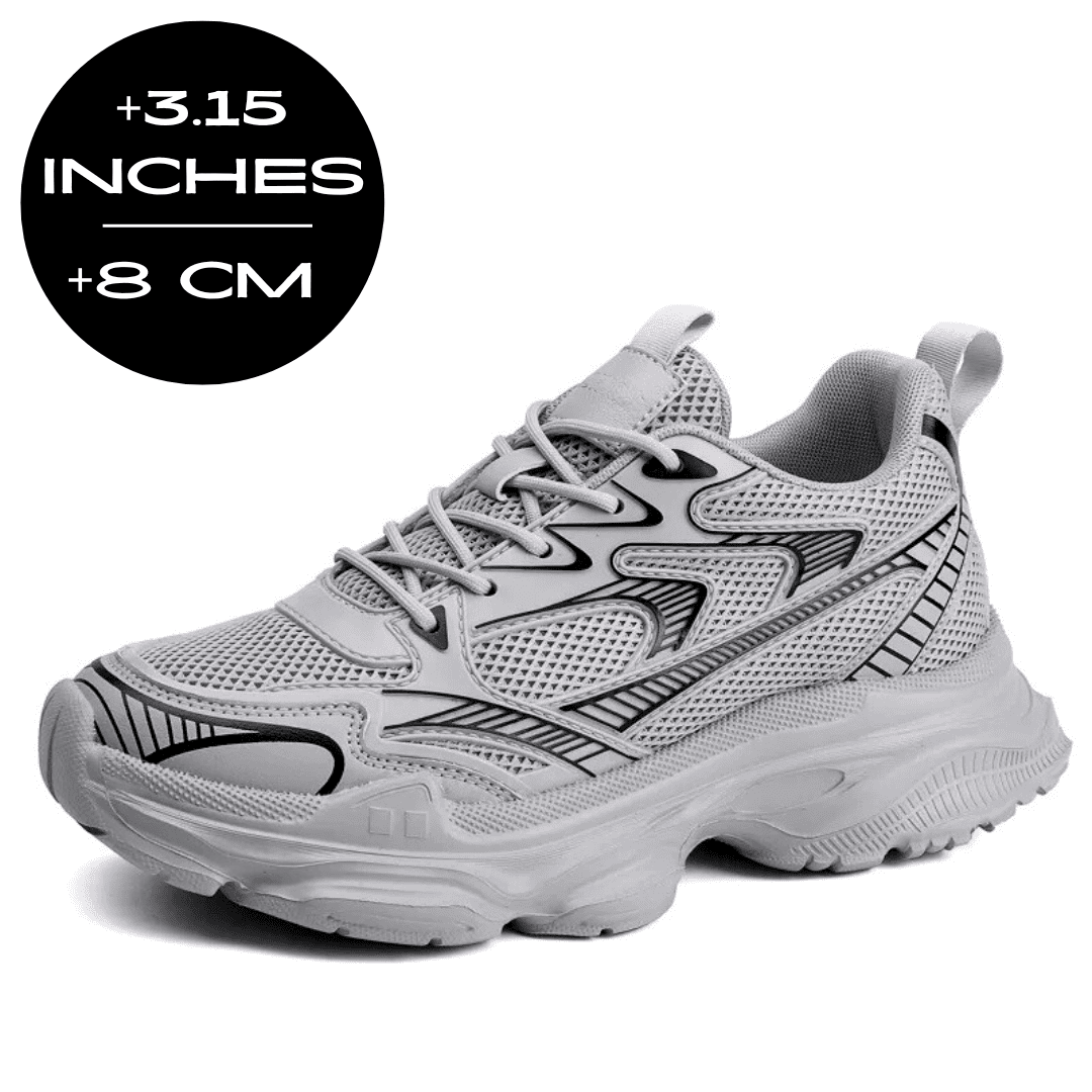 FORCIANO ZEPHYRA Gray Height Increasing Sneakers for Women shown at a front angle with breathable mesh and an 8 cm / 3.15 inches height graphic.