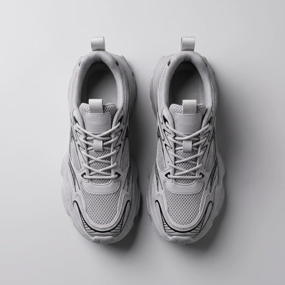 FORCIANO ZEPHYRA Gray Height Increasing Sneakers for Women shown in a top-view pair with breathable mesh, laces and black graphic accents.