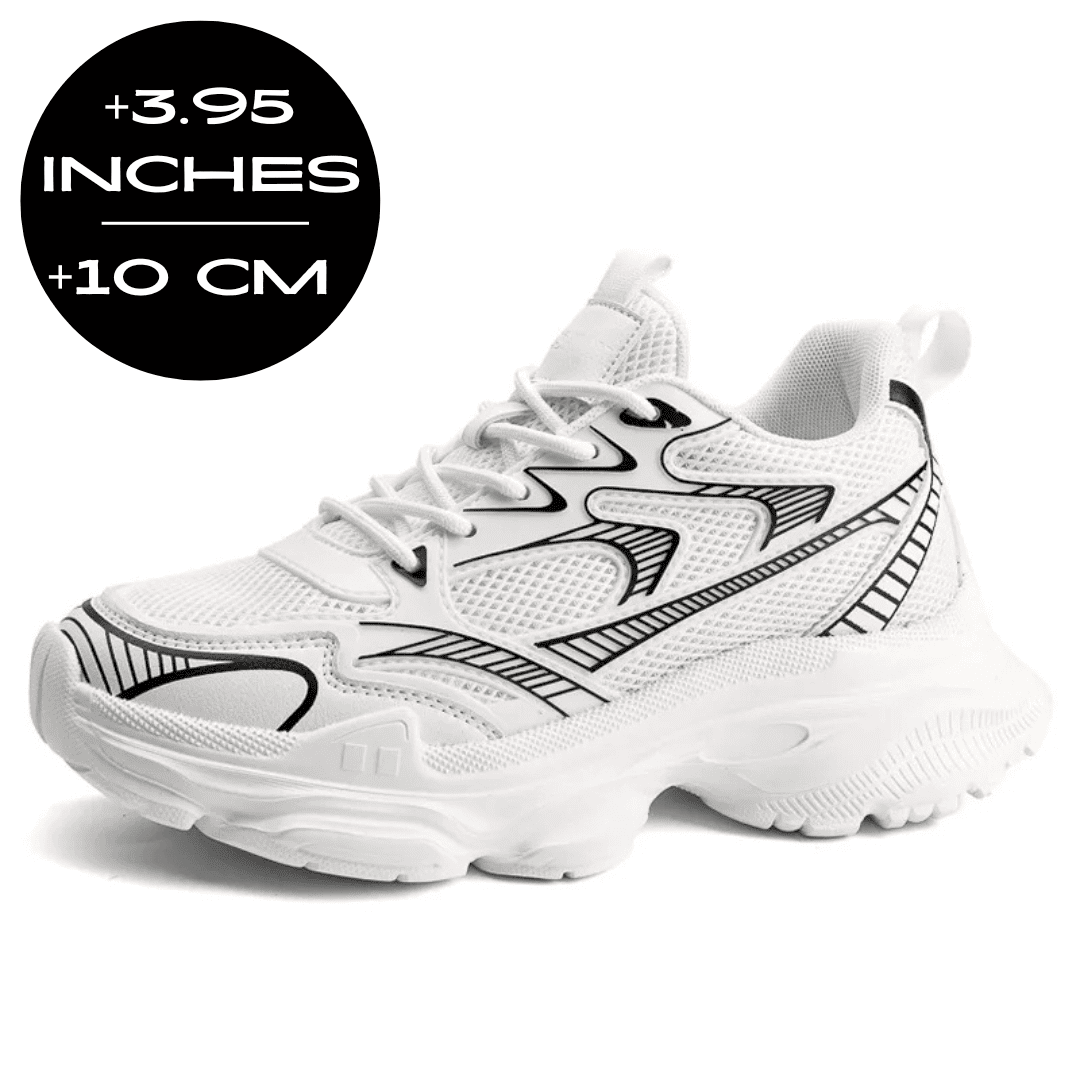 FORCIANO ZEPHYRA White Height Increasing Sneakers for Women with breathable mesh, shown at a front angle with a 10 cm / 3.95 inches height graphic.