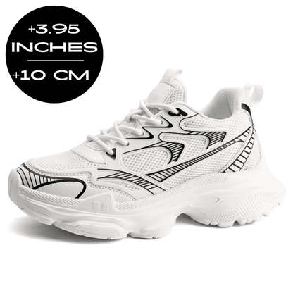 FORCIANO ZEPHYRA White Height Increasing Sneakers for Women with breathable mesh, shown at a front angle with a 10 cm / 3.95 inches height graphic.
