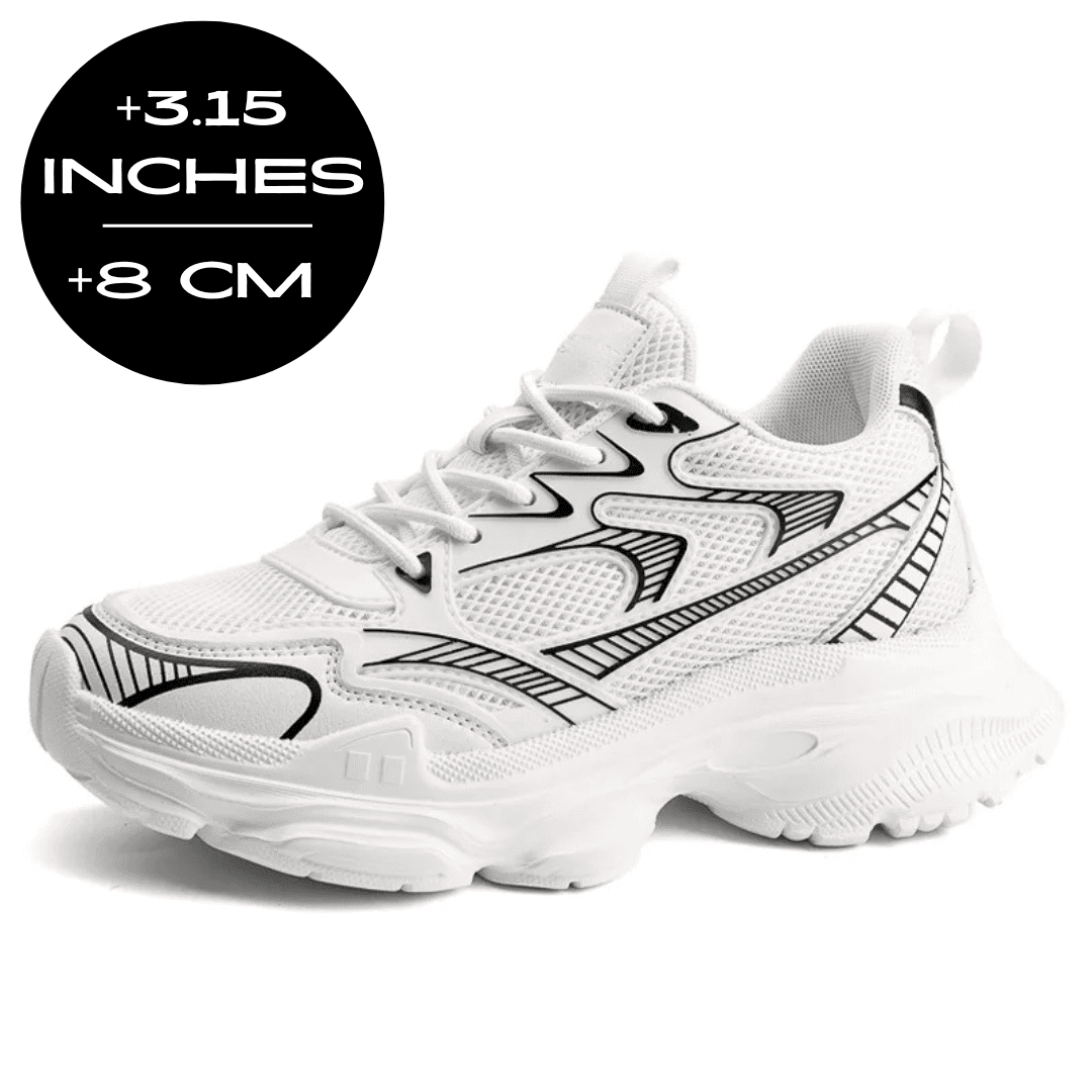 FORCIANO ZEPHYRA White Height Increasing Sneakers for Women shown at a front angle with breathable mesh and an 8 cm / 3.15 inches height graphic.