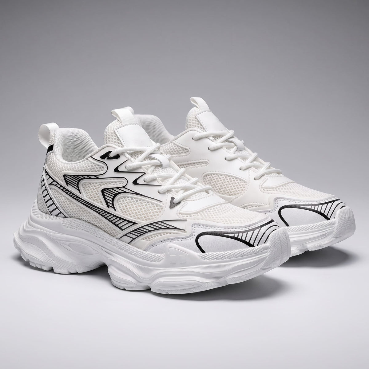 FORCIANO ZEPHYRA White Height Increasing Sneakers for Women shown as a pair from a front three-quarter angle with breathable mesh and black accents.